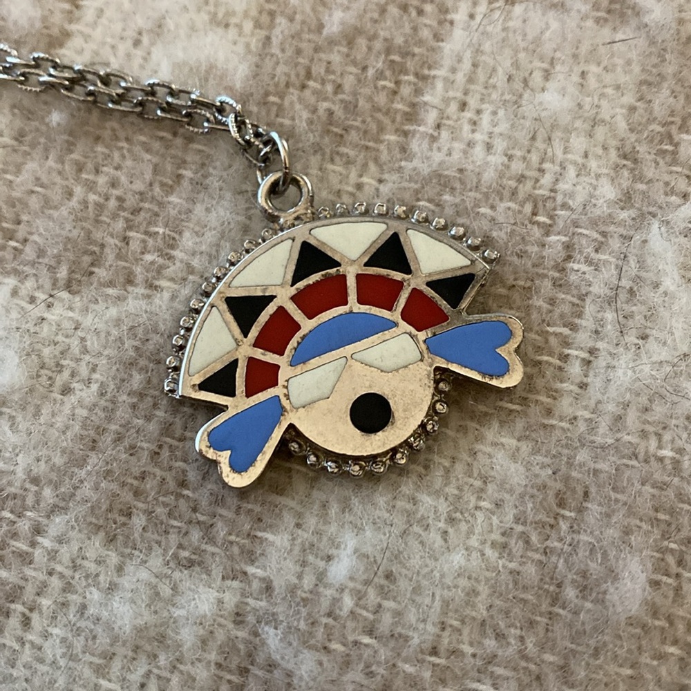 Vintage Zuni sun face inlaid pendant necklace